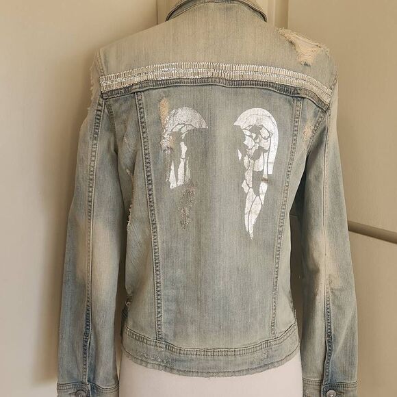 Aeropostale Upcycled Bleached and Distressed Denim Trucker Jacket, "Angel Wings" - Picture 7 of 11